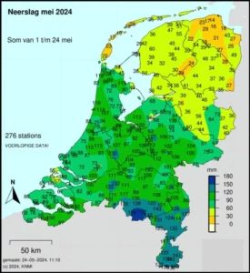 Weerkaart van Nederland. Neerslag mei 2024.